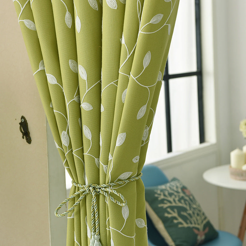 Cotton Linen Embroidered Leaf Curtain – Semi-Sheer, Minimalist Design