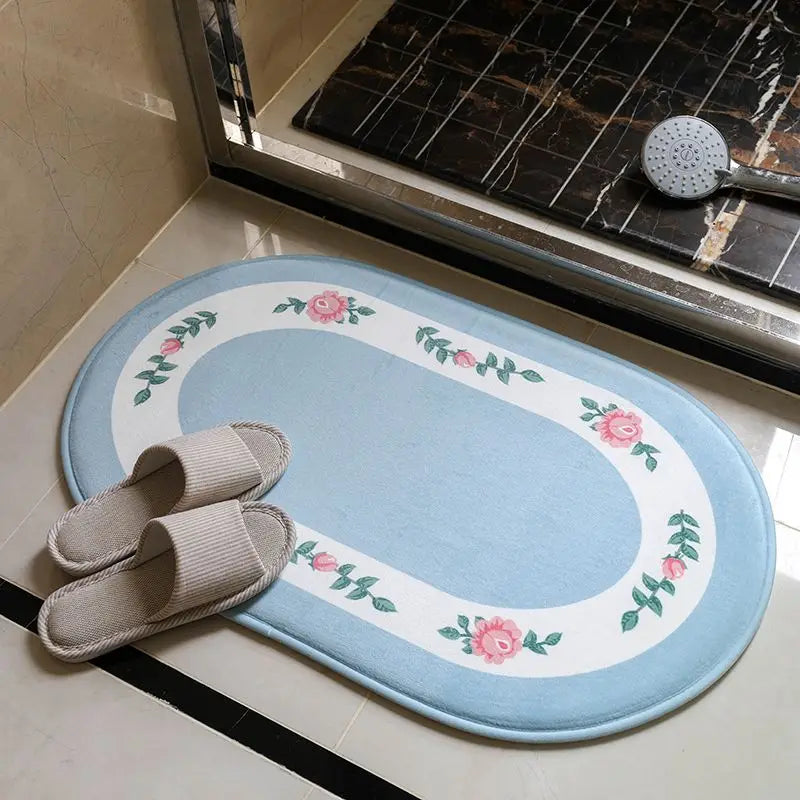 Pastoral Floral Polyester Bathroom Mat – Absorbent, Non-Slip, Oval, 40x60cm