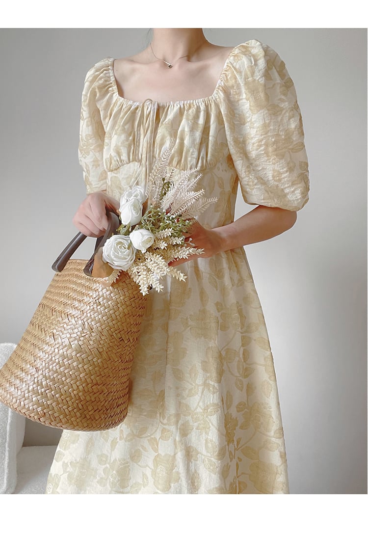 Light Yellow Floral High Waist Dress