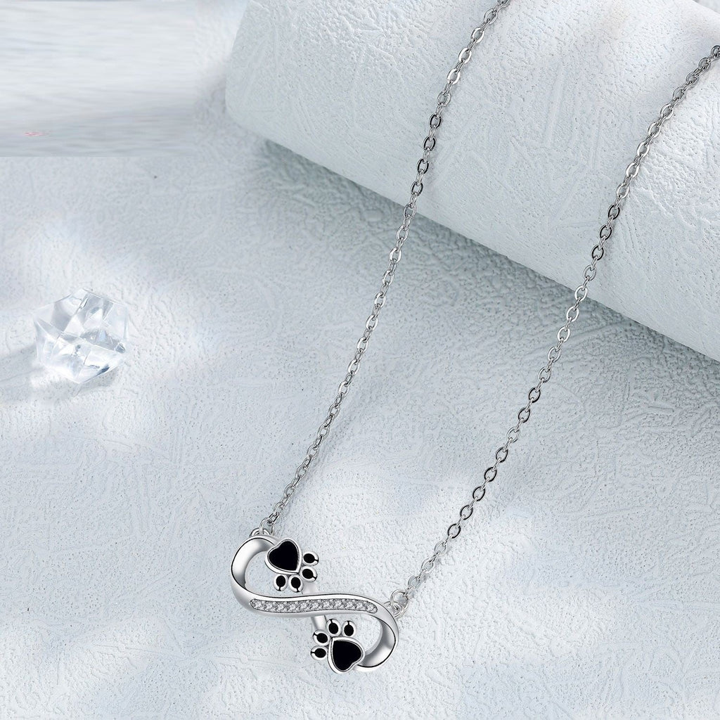 Black Infinity Paw Print Necklace with Zirconia