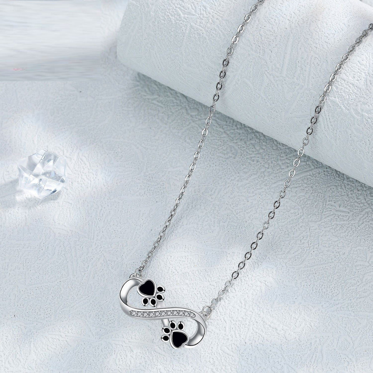 Black Infinity Paw Print Necklace with Zirconia