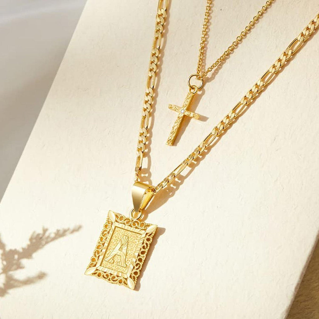 Two-Piece Initial Letter and Cross Necklace Set