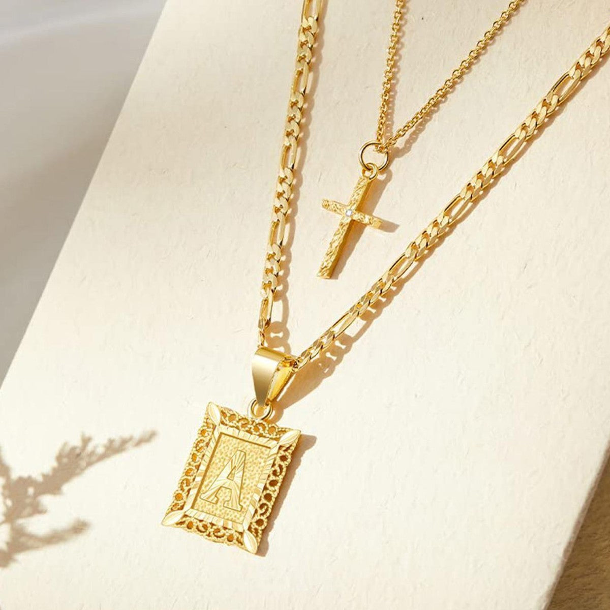 Two-Piece Initial Letter and Cross Necklace Set