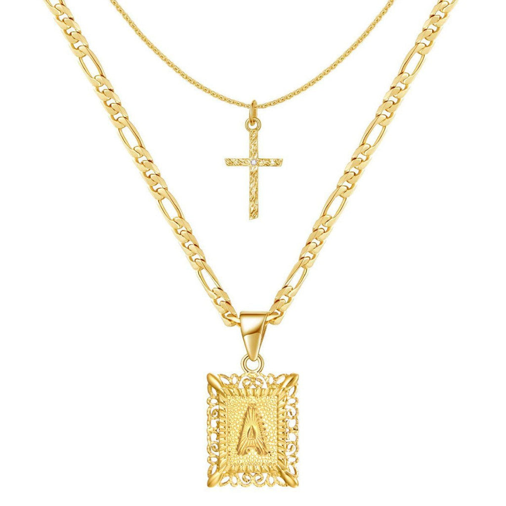 Two-Piece Initial Letter and Cross Necklace Set