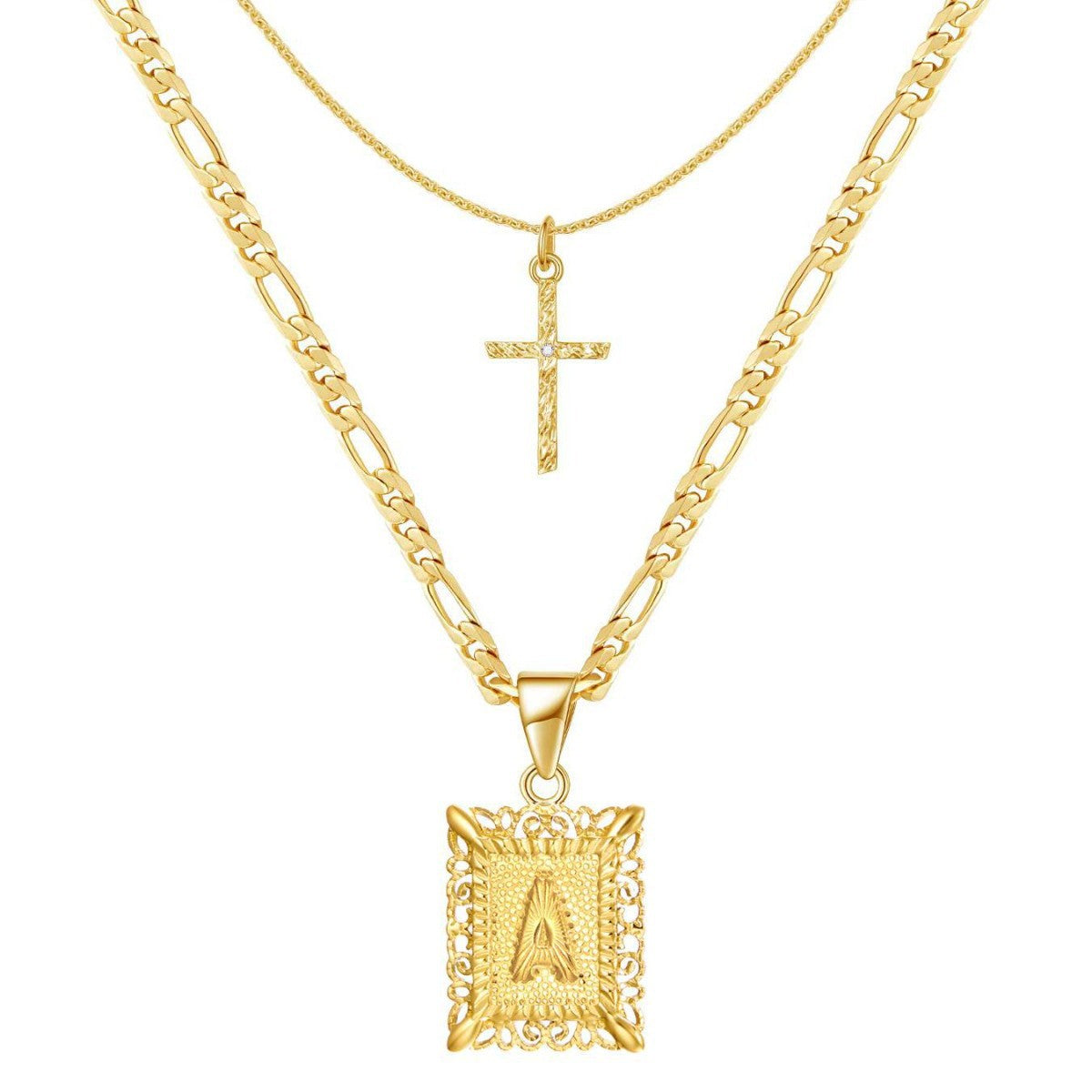 Two-Piece Initial Letter and Cross Necklace Set