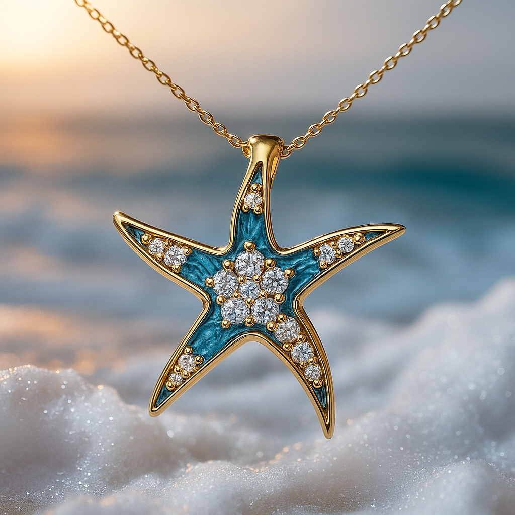 Goudkleurige zeesterketting met blauwe opaallook en kristalglans