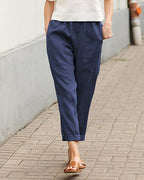 Women's Tapered Trousers in Linen with Rolled Cuffs