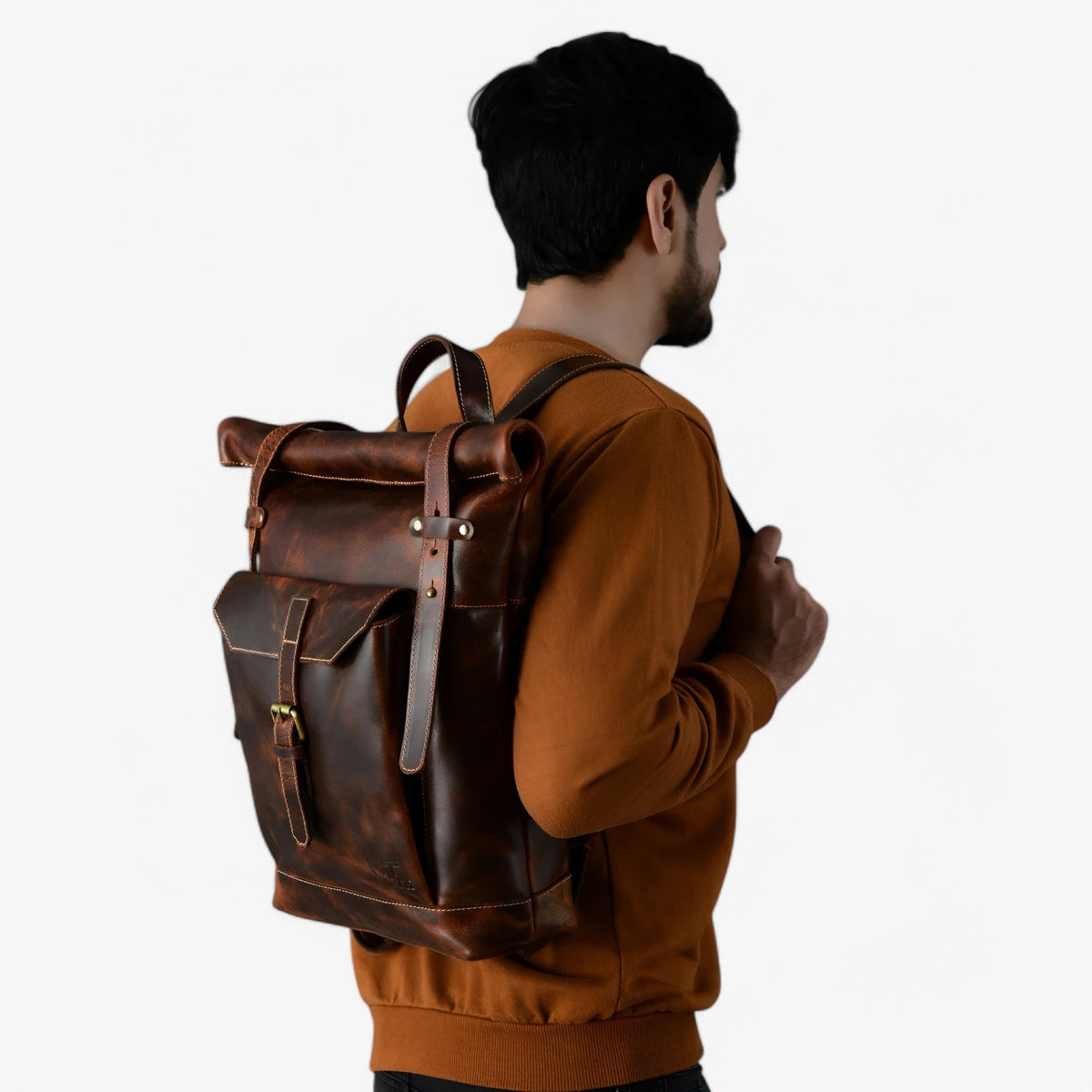 Rugged Full-Grain Cowhide Leather Roll-Top Backpack