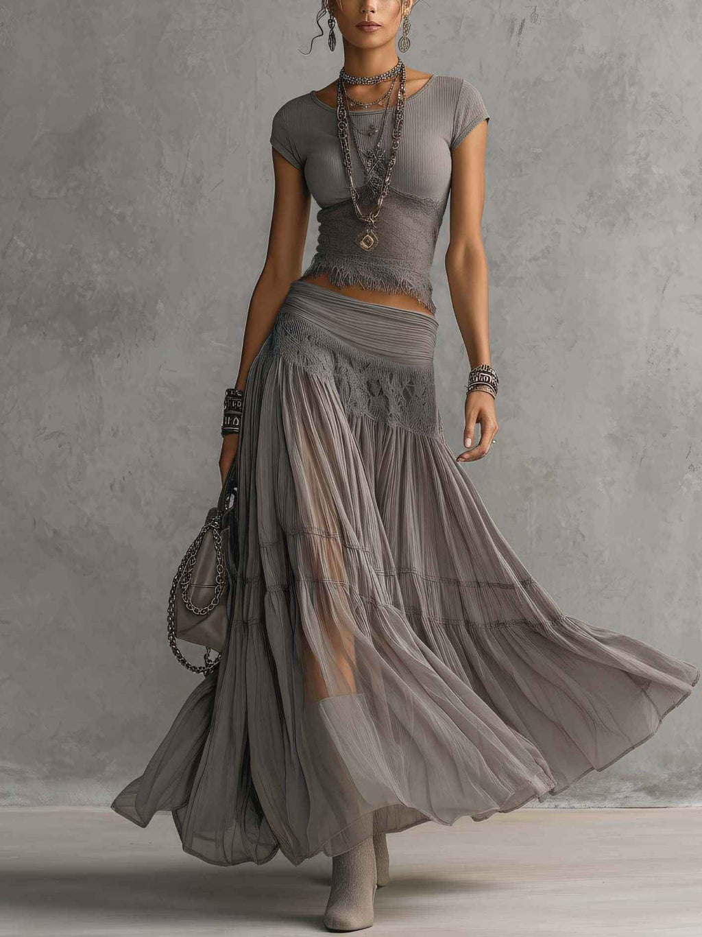 Lace Panel Top and Pleated Maxi Skirt Two-Piece Set