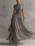 Lace Panel Top and Pleated Maxi Skirt Two-Piece Set