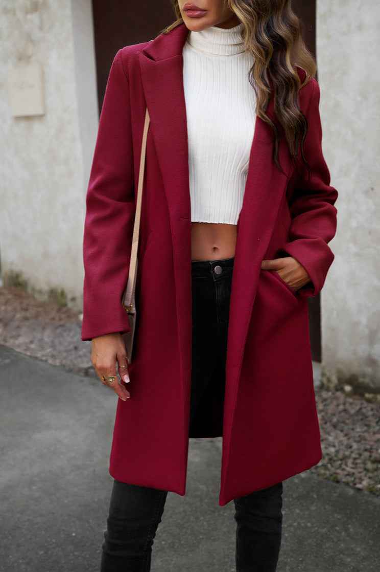 Solid Colour Longline Coat with Notched Collar and Buttons