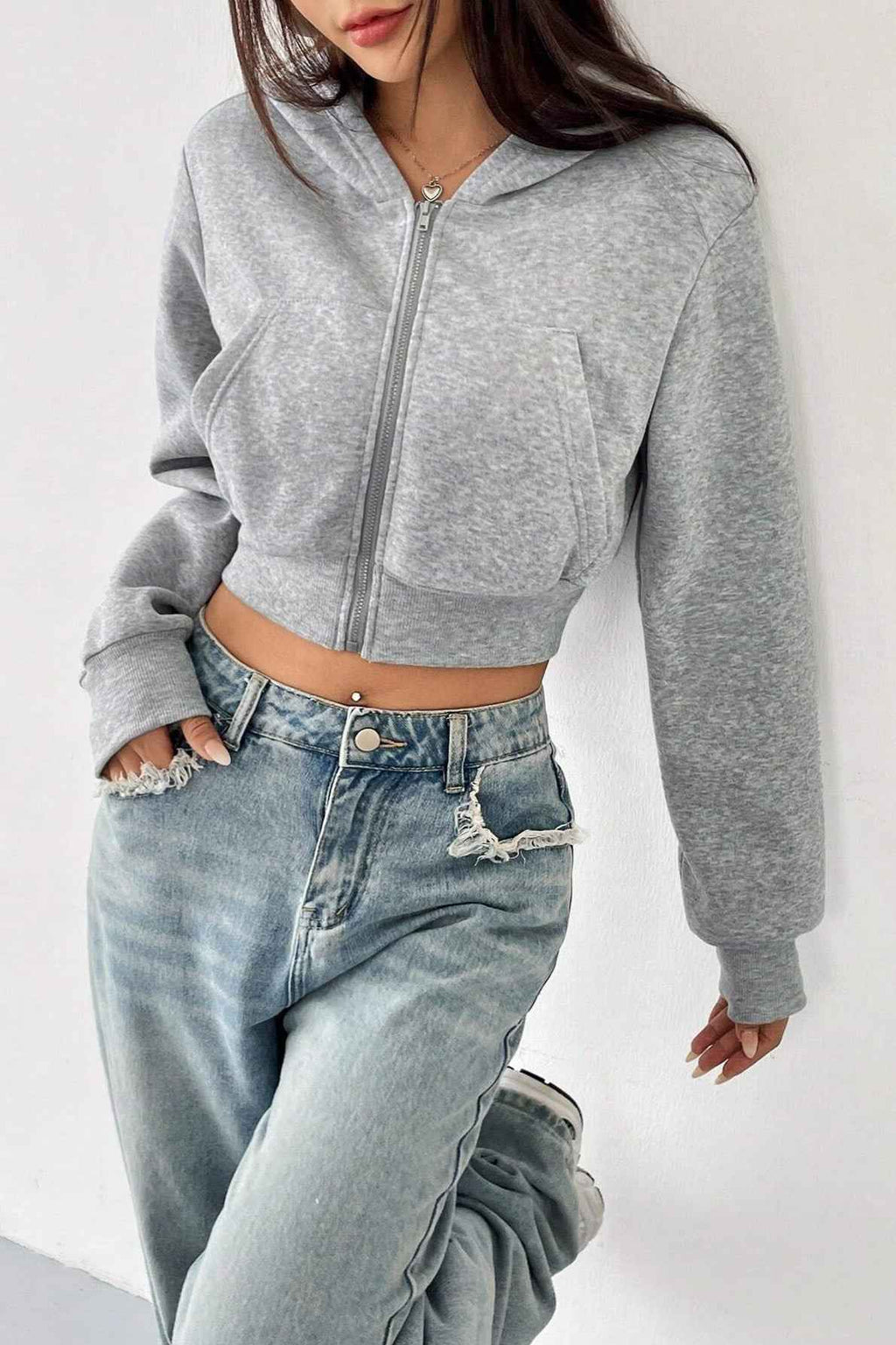 Cropped Zip Through Hoodie with Relaxed Fit and Long Sleeves