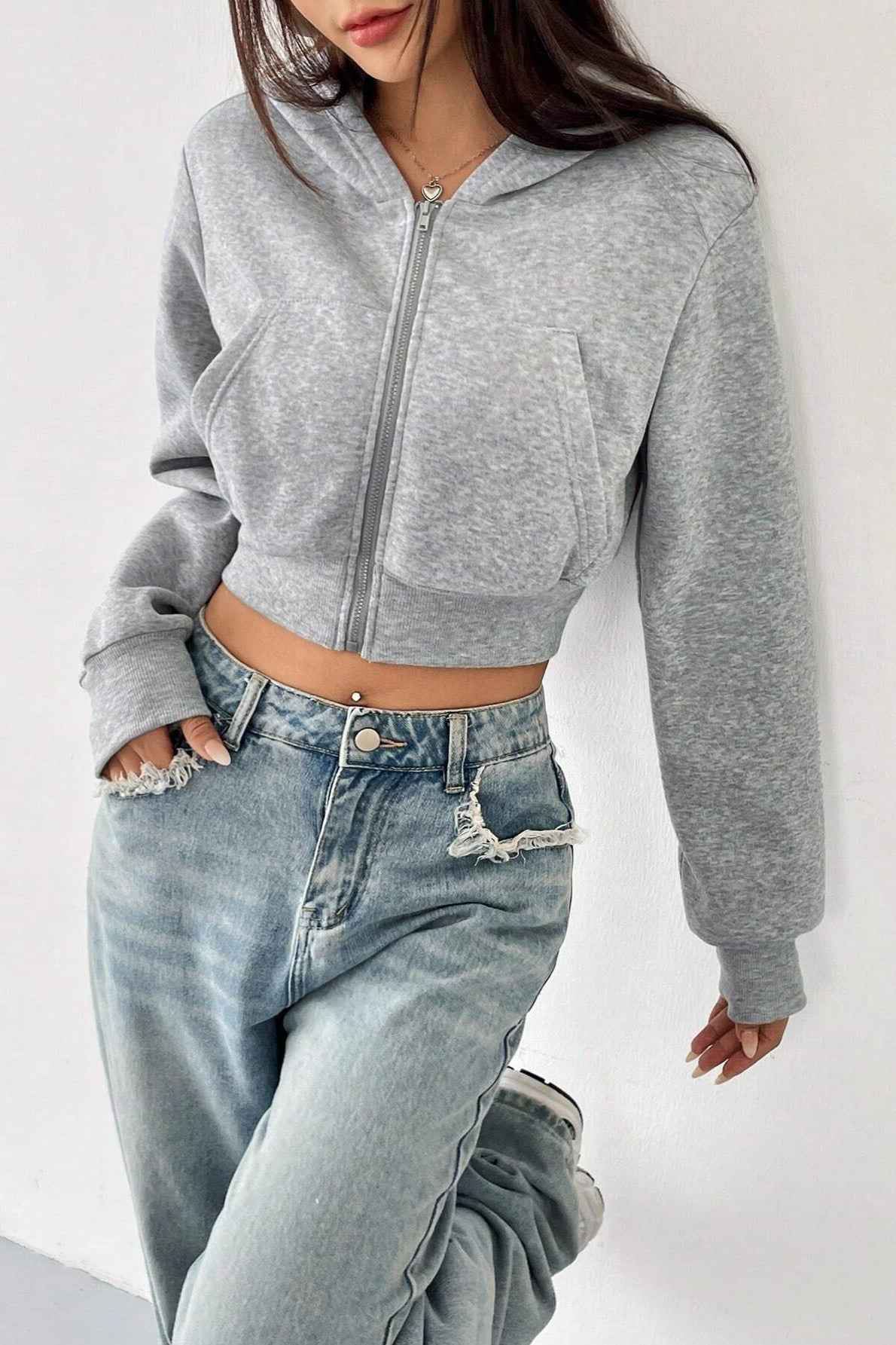 Cropped Zip Through Hoodie with Relaxed Fit and Long Sleeves