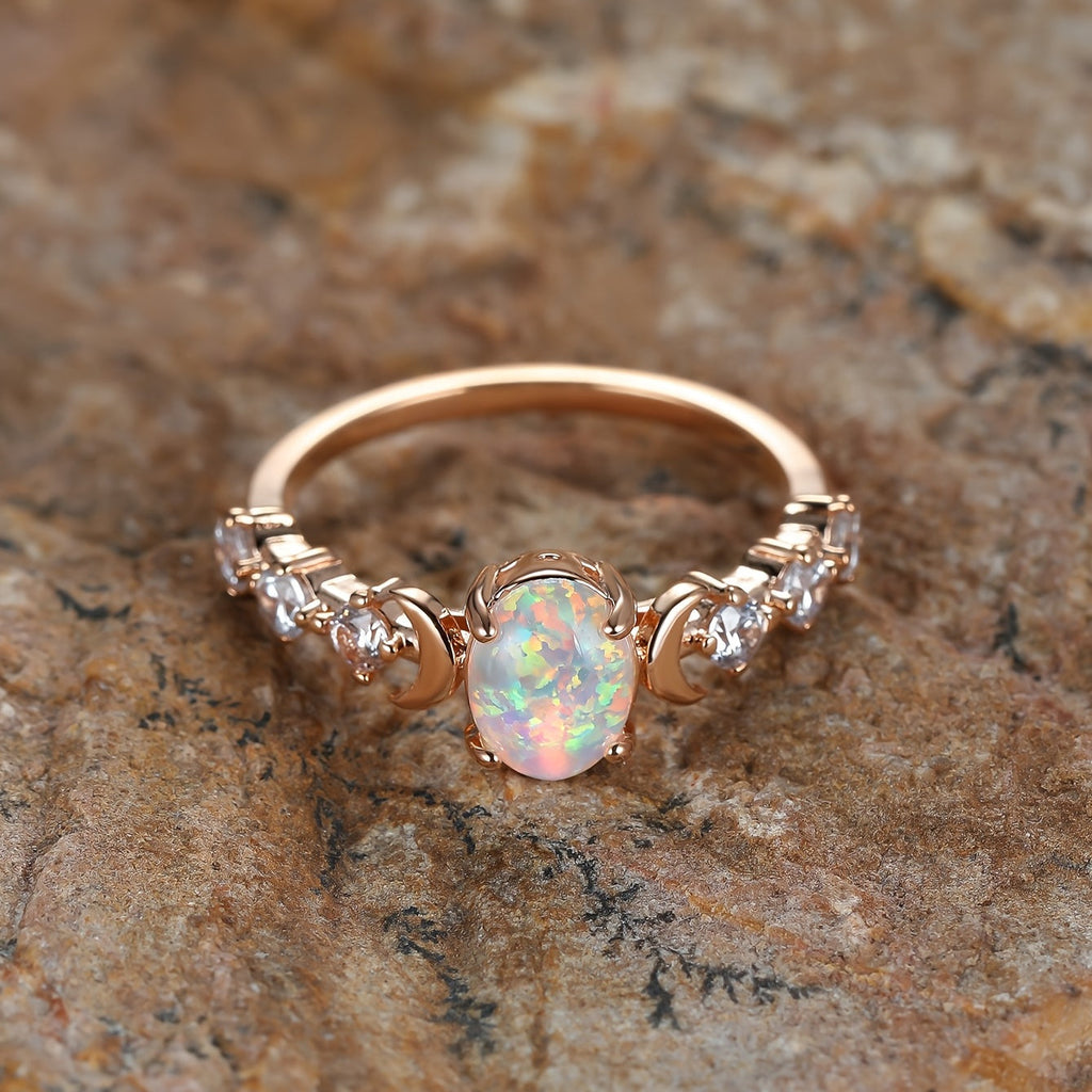 White Fire Opal-Look Small Moon Gold-Plated Ring