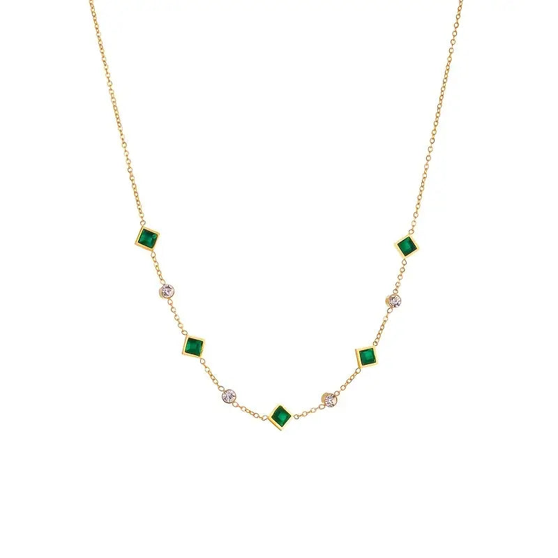 Green Clover Station Necklace in Gold Tone