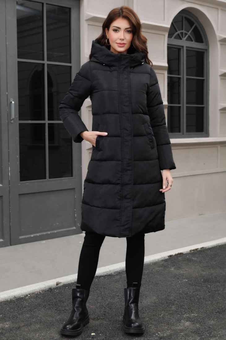 Hooded Longline Padded Jacket with Concealed Button Front