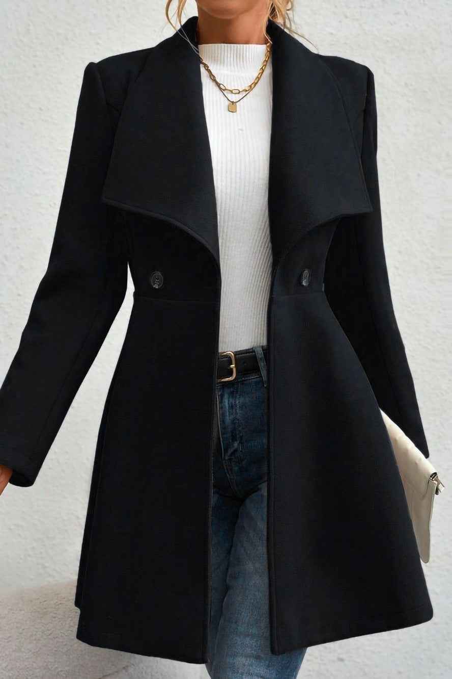 Slim Fit Longline Coat with Notched Collar and Defined Waist