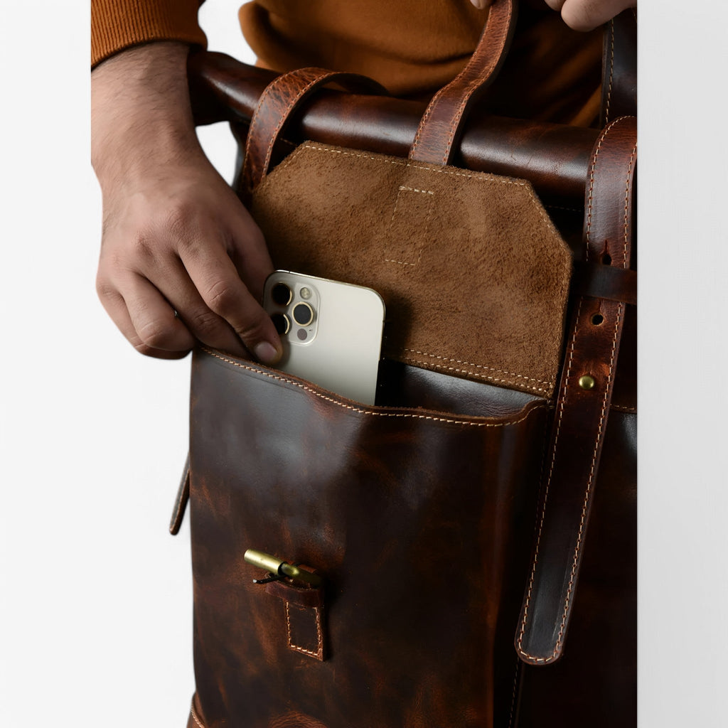 Rugged Full-Grain Cowhide Leather Roll-Top Backpack