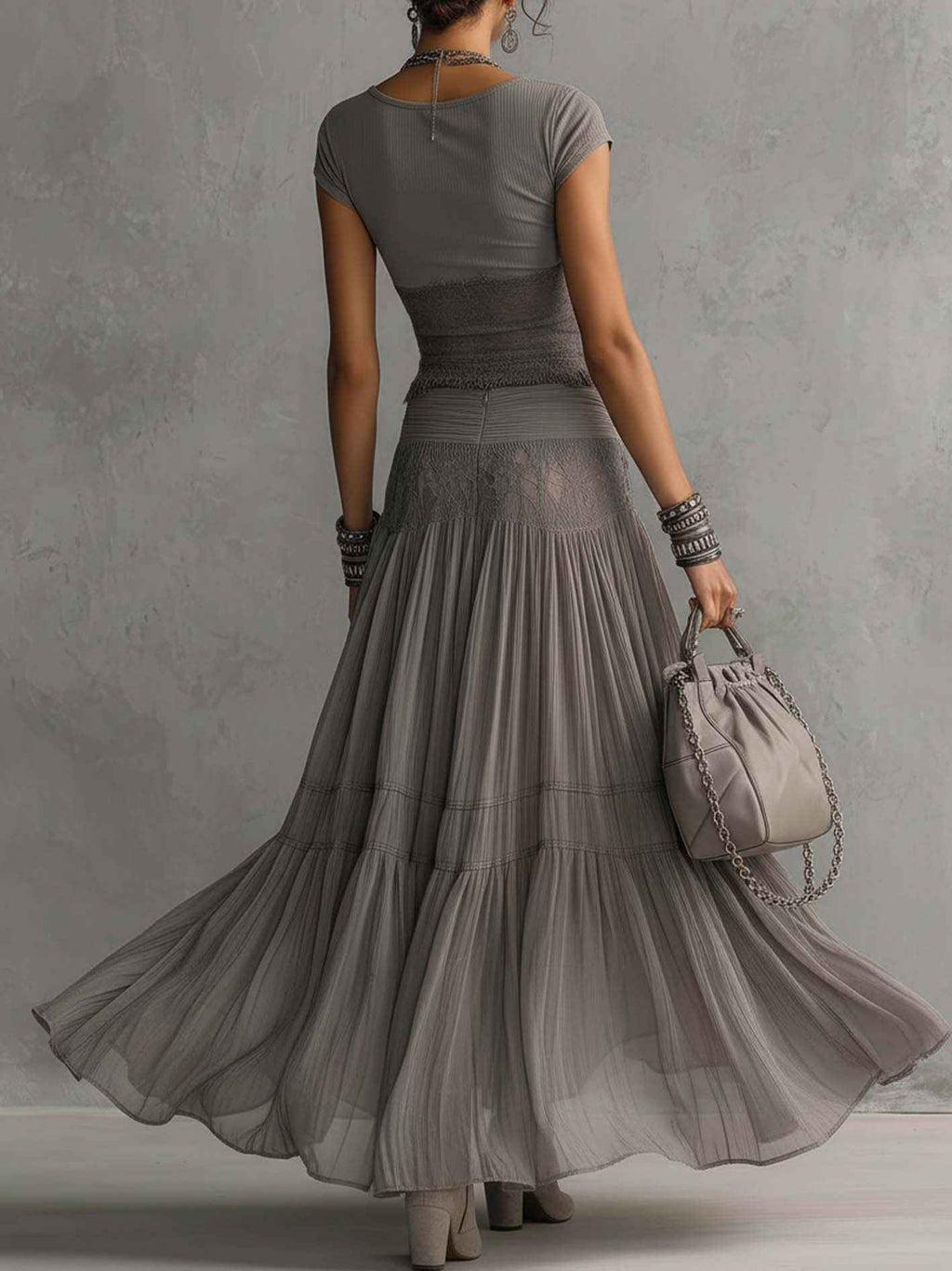 Lace Panel Top and Pleated Maxi Skirt Two-Piece Set
