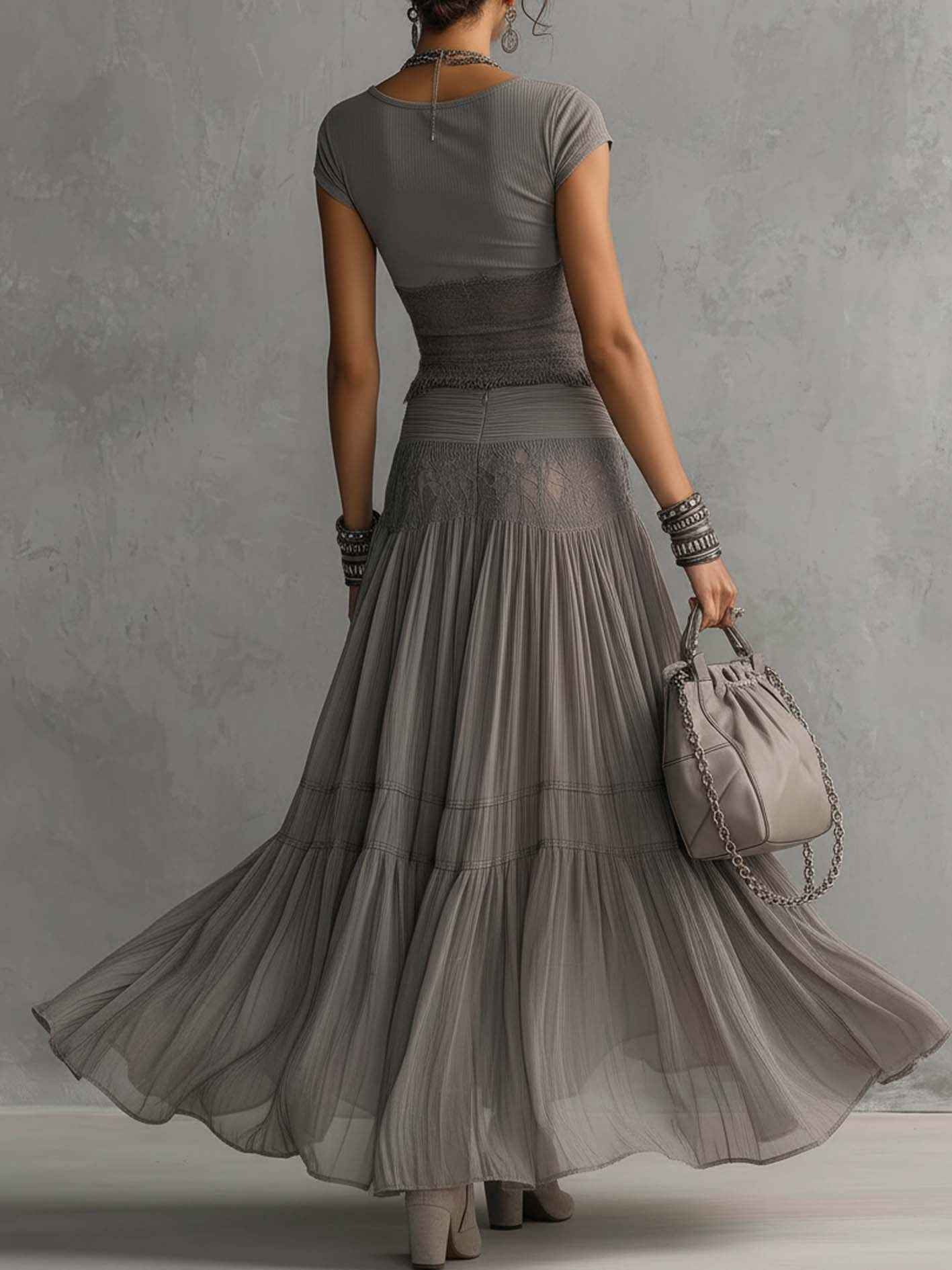 Lace Panel Top and Pleated Maxi Skirt Two-Piece Set