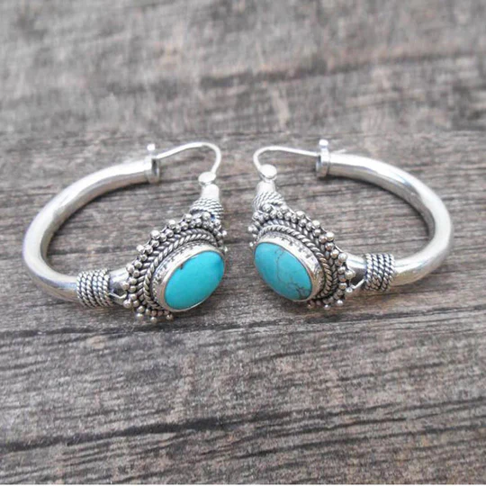 Vintage-Style Turquoise Stone Ornate Silver-Tone Huggie Earrings