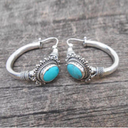 Vintage-Style Turquoise Stone Ornate Silver-Tone Huggie Earrings