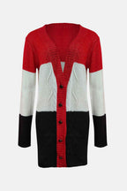 Colour Block Knit Cardigan with V-Neck and Button Front