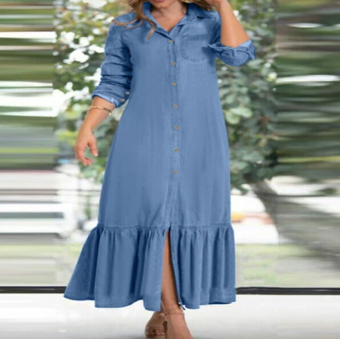 Long Denim Shirt Dress – Collared Maxi