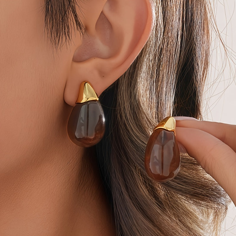Clear Glass Teardrop Earrings with Gold-Tone Caps