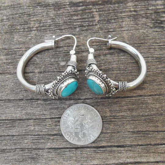 Vintage-Style Turquoise Stone Ornate Silver-Tone Huggie Earrings