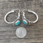 Vintage-Style Turquoise Stone Ornate Silver-Tone Huggie Earrings