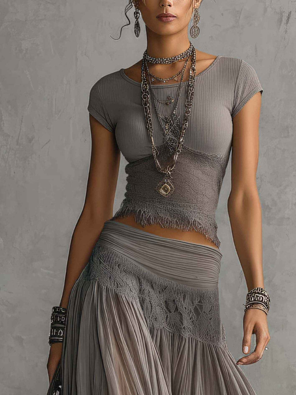 Lace Panel Top and Pleated Maxi Skirt Two-Piece Set