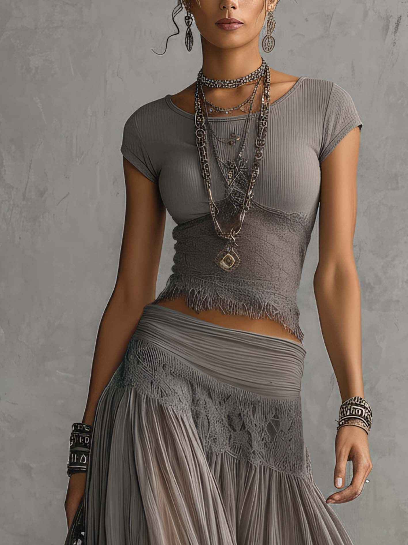 Lace Panel Top and Pleated Maxi Skirt Two-Piece Set