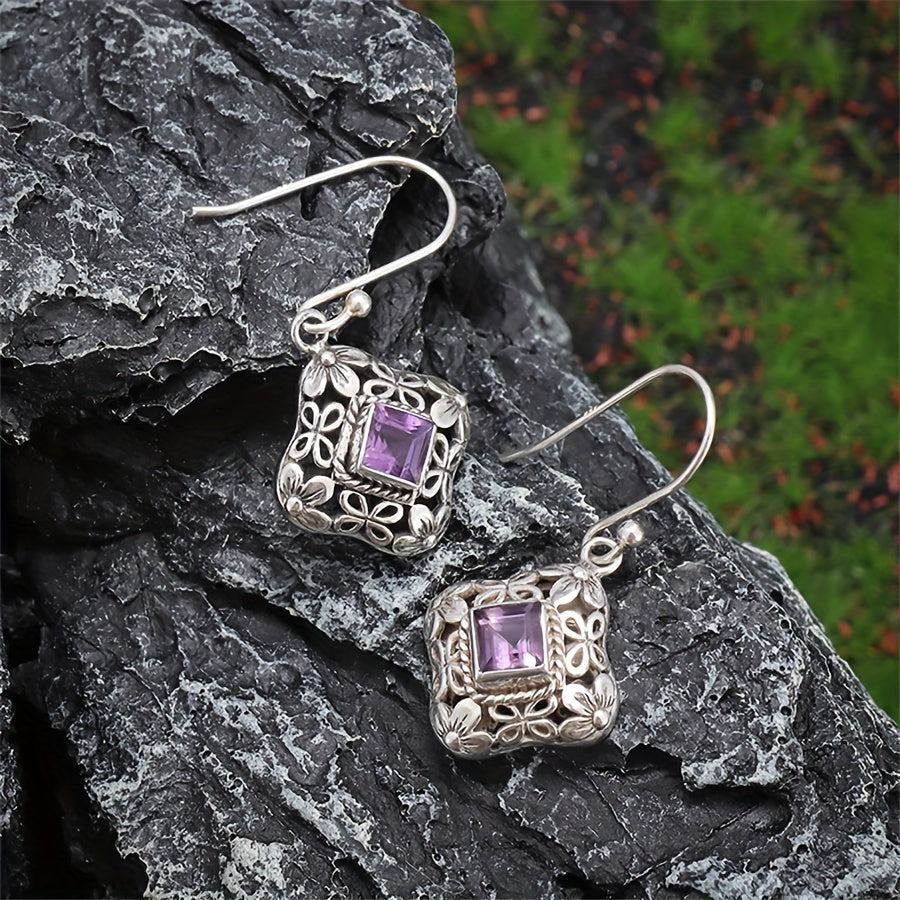 Brincos Pendentes Vintage em Filigrana Floral com Zircónias Roxas
