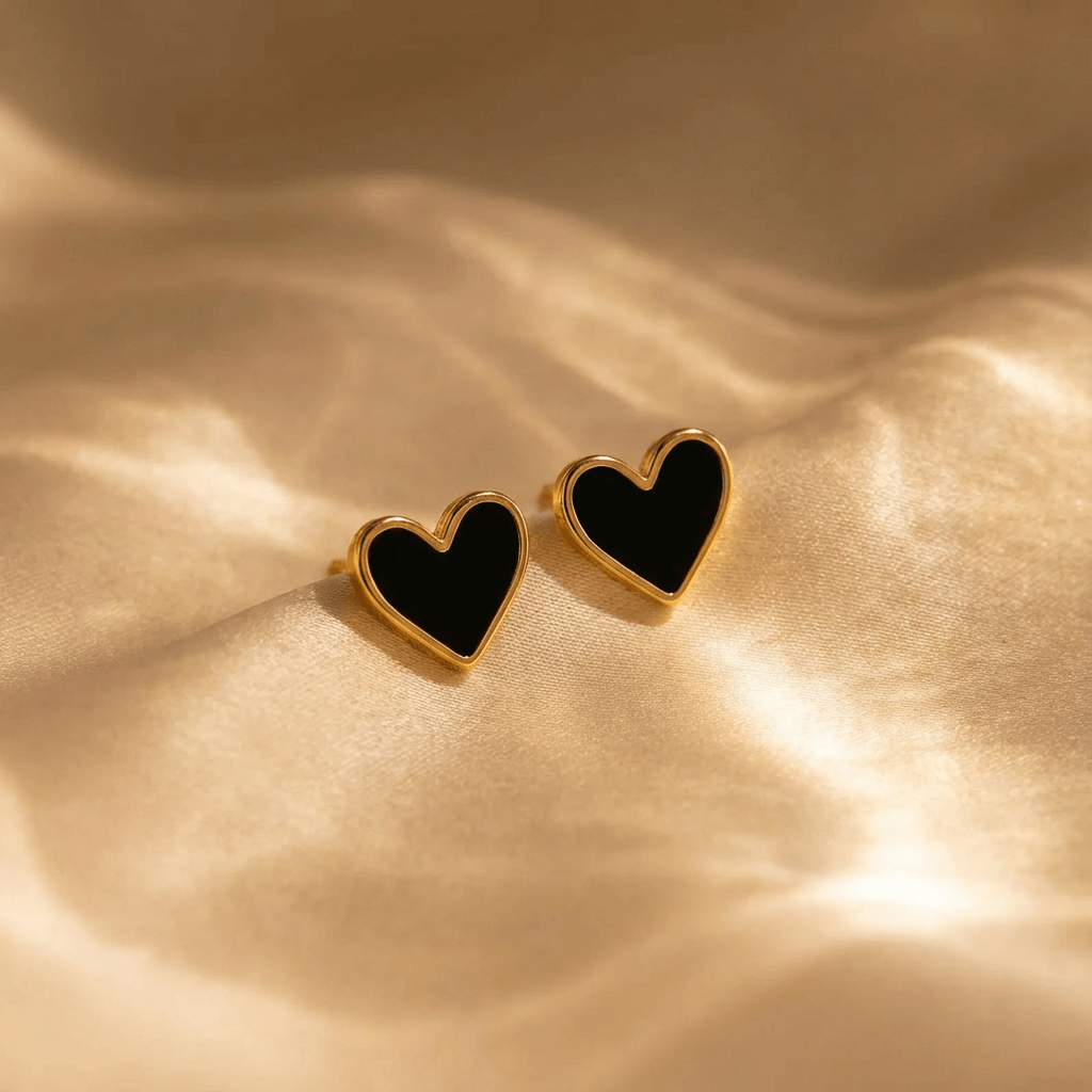 Boho Black Enamel Heart Stud Earrings