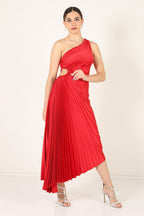 One-Shoulder Pleated Asymmetric Hem Maxi Dress