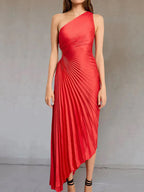 One-Shoulder Pleated Asymmetric Hem Maxi Dress