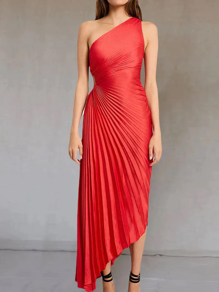 One-Shoulder Pleated Asymmetric Hem Maxi Dress