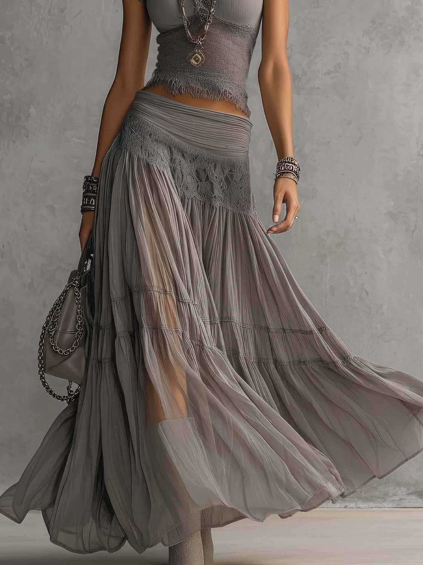 Lace Panel Top and Pleated Maxi Skirt Two-Piece Set