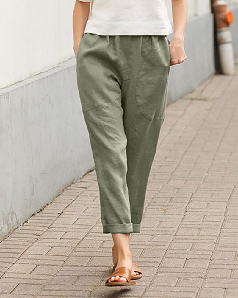 Women's Tapered Trousers in Linen with Rolled Cuffs