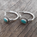 Vintage-Style Turquoise Stone Ornate Silver-Tone Huggie Earrings
