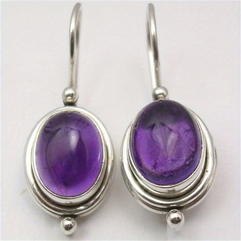 Vintage Boho Purple Gemstone-Look Silver-Plated Drop Earrings