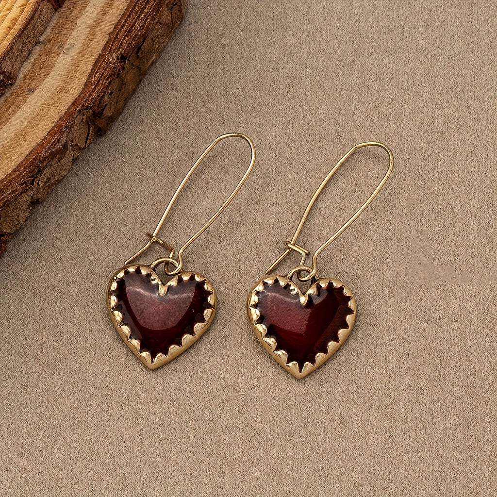 Vintage Bohemian Red Resin Drip Heart Earrings