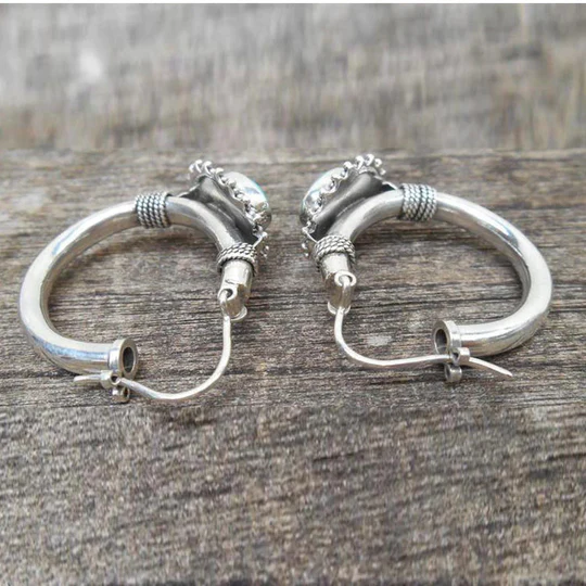 Vintage-Style Turquoise Stone Ornate Silver-Tone Huggie Earrings