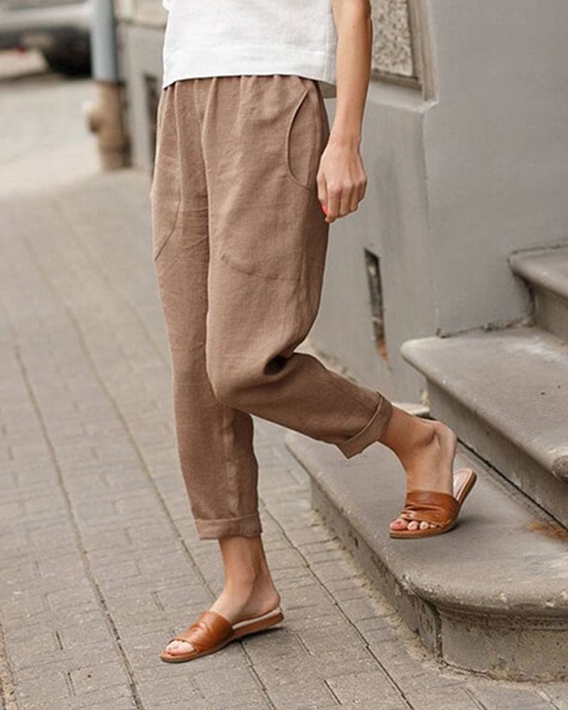 Women's Tapered Trousers in Linen with Rolled Cuffs