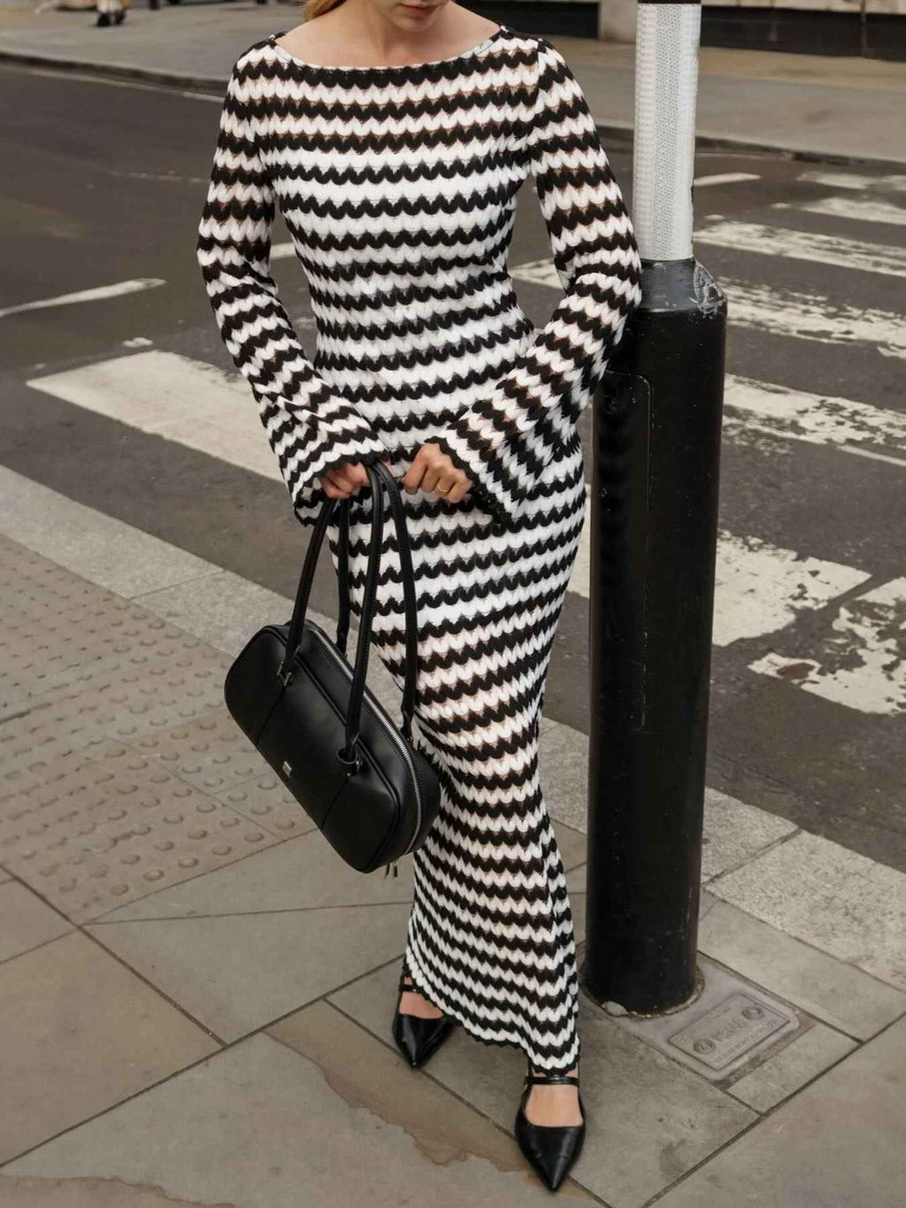 Striped Knit Maxi Dress with a High Waist and Side Split