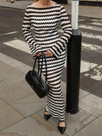 Striped Knit Maxi Dress with a High Waist and Side Split