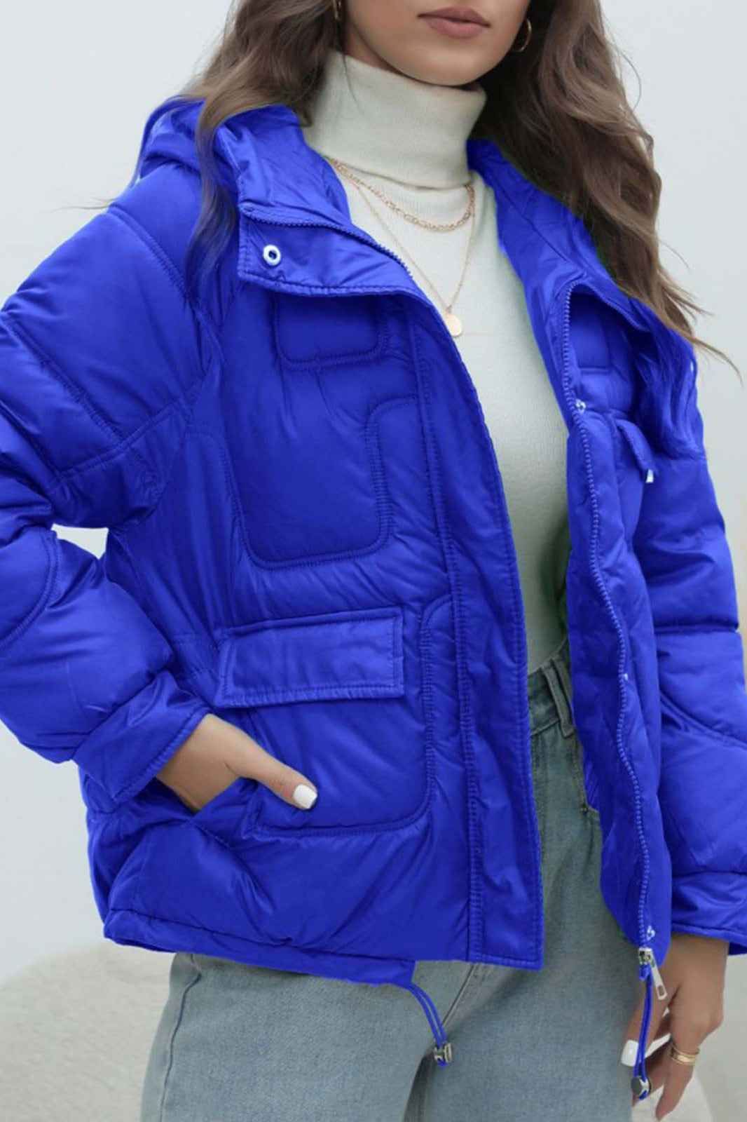 Quilted Hooded Jacket with High Collar and Drawstring Hem