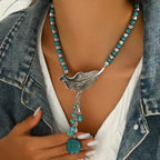 Vintage Bohemian Turquoise Bead Leaf Pendant Necklace