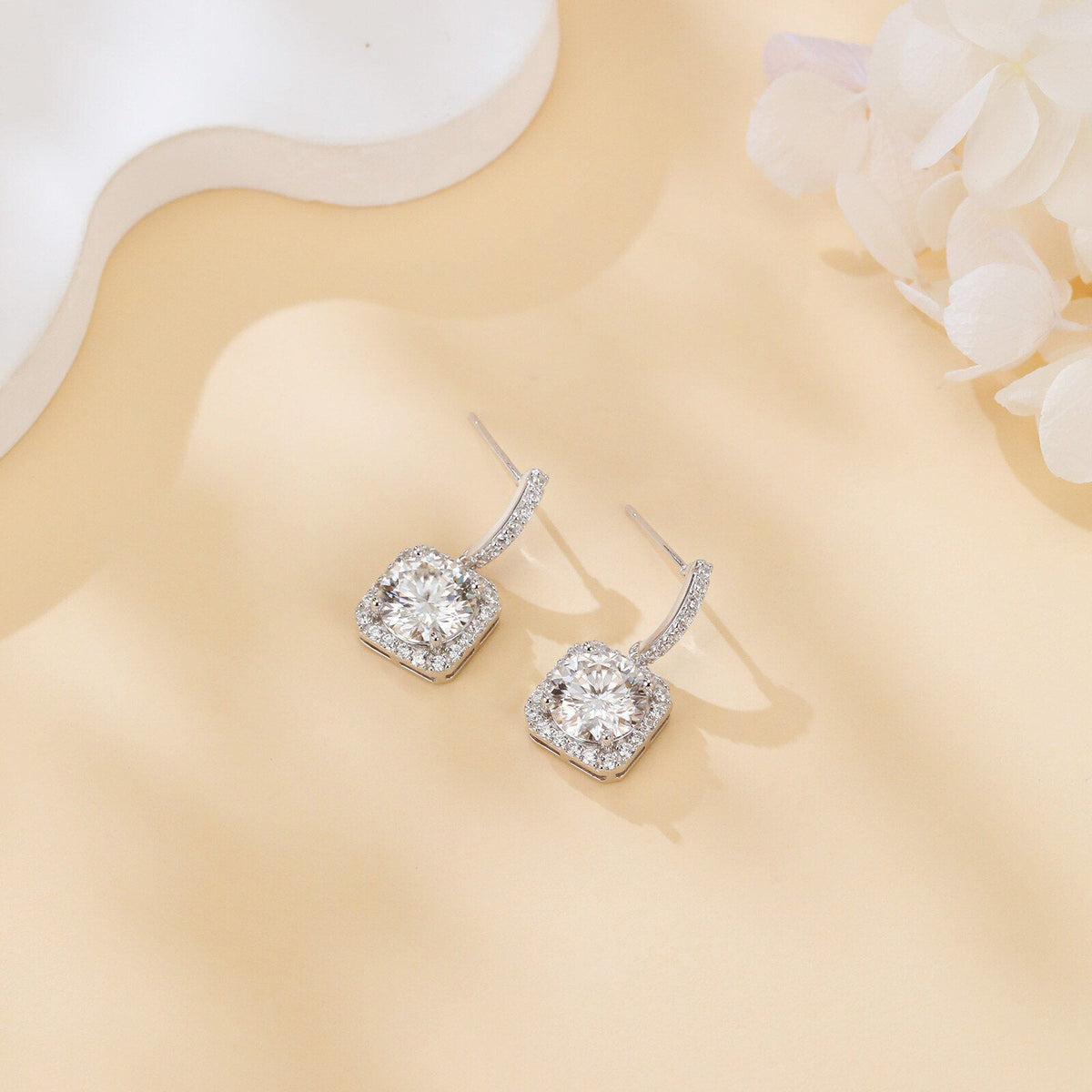 925 Sterling Silver Moissanite Halo Stud Earrings, White Gold Plated